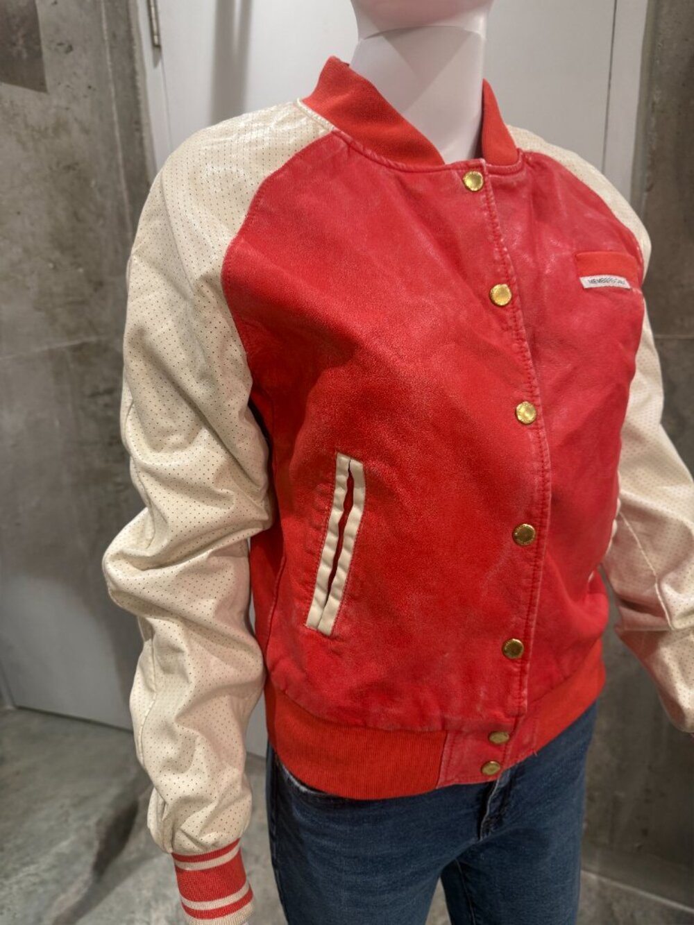 Members Only Varsity Bomber Jacket Red Cream Faux Leather Y2K Retro Sz M - Picture 4 of 10